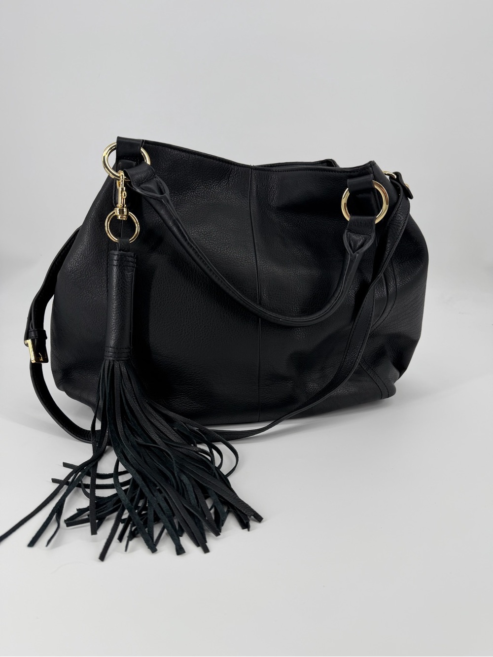 GILI Black Leather Hobo Satchel Bag Gold Hardware Tassel Shoulder Purse